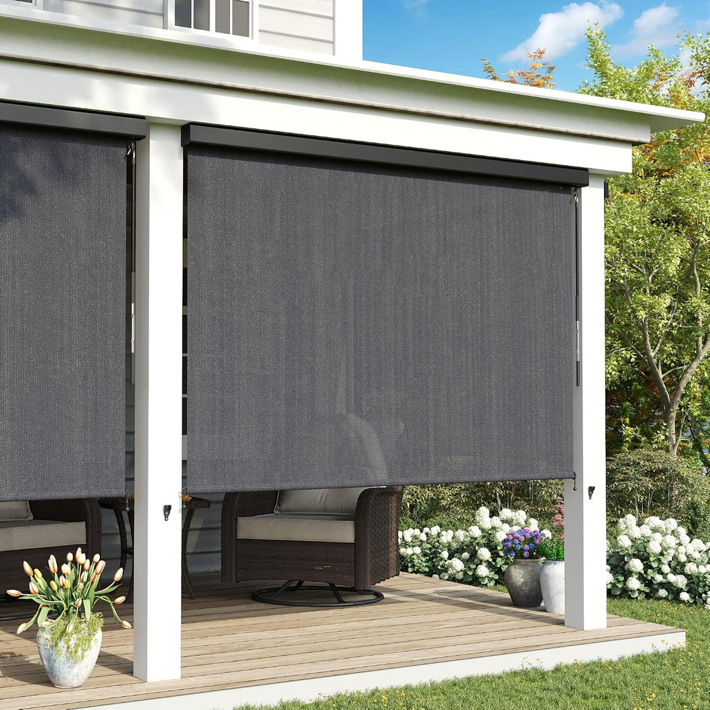 Outdoor Roller Shade, Exterior Patio Cordless Blinds with Aluminum Valance Roll Up Shades for Porch Balcony Backyard (7' W X 8' L), Anthracite Grey