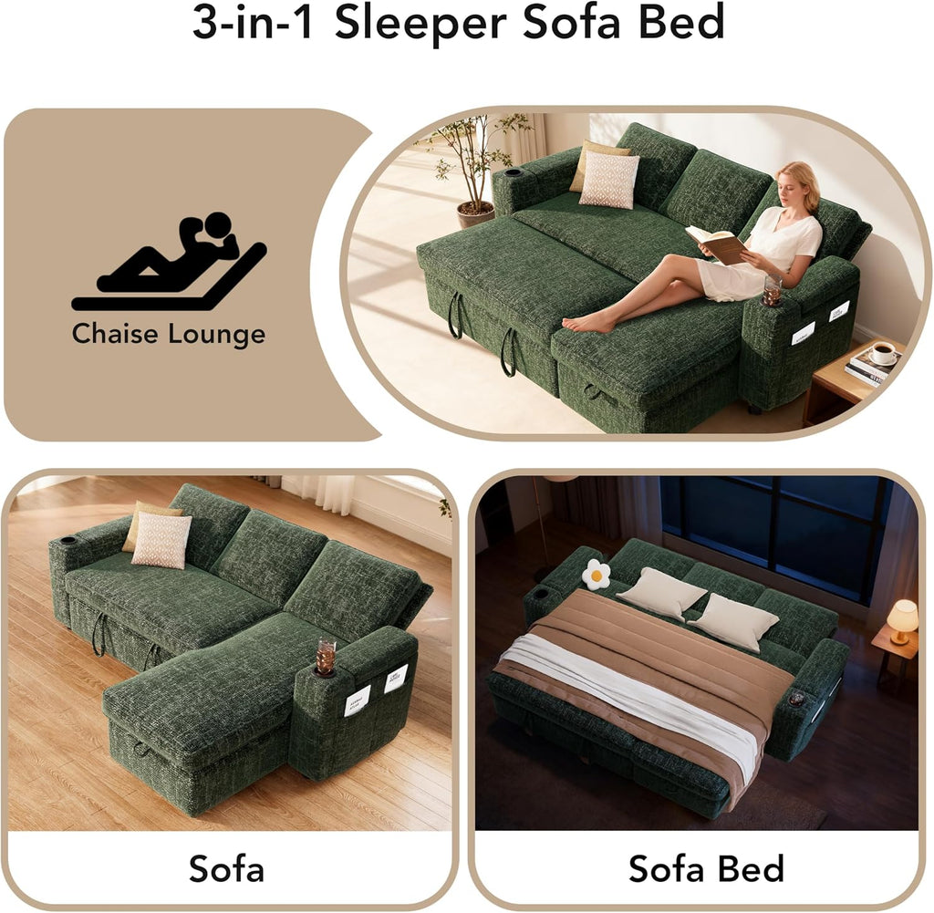 Sunny Heart L-Shaped Sleeper Sofa with Pull Out Bed, 82' Sectional Couch with Reclining Backrest, Reversible Storage Chaise, Armrest Storage, Cup Holders, and Side Pockets, Tool-Free Assembly, Green