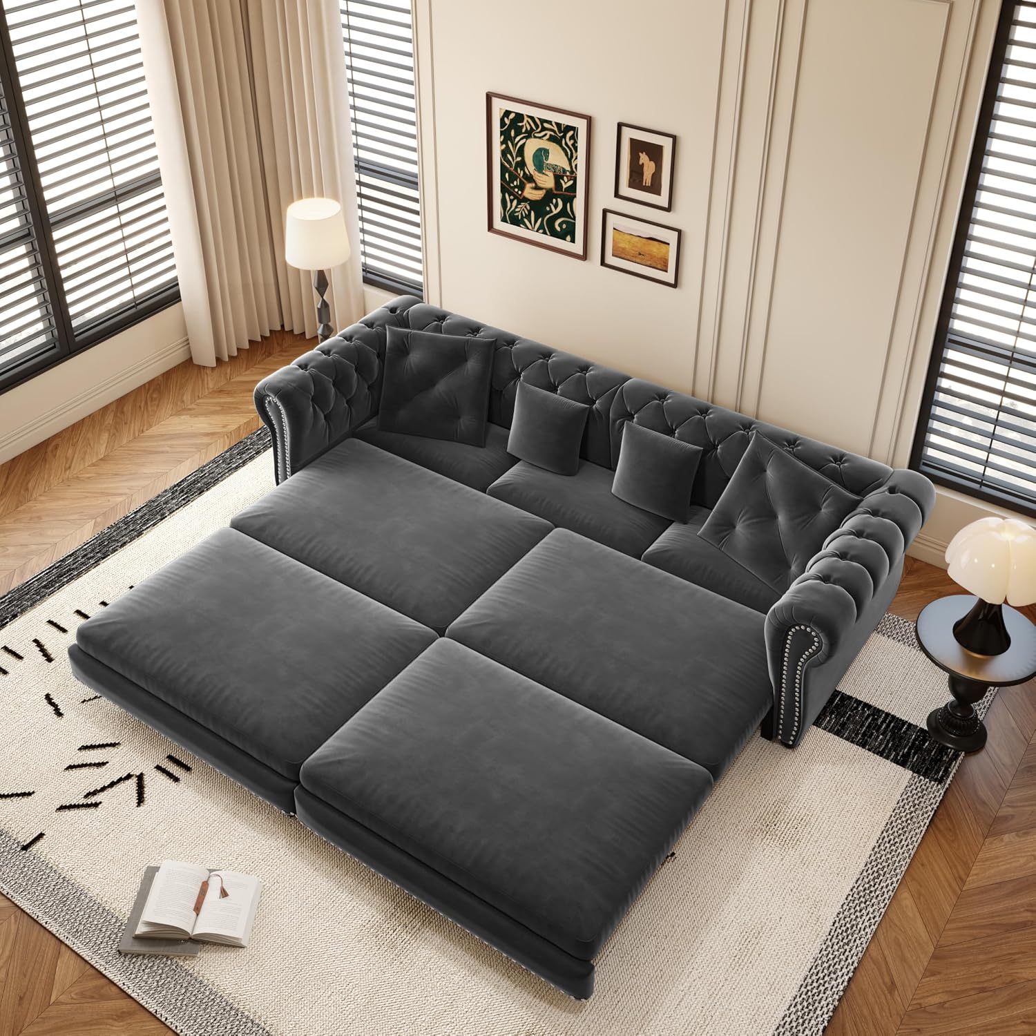 KEIKI 89' W 3-in-1 Pull-Out Convertible Chesterfield Sofa Bed, King Size Velvet Tufted Couch with Movable Ottoman, Chaise Lounge, 3-Seater for Living Room, Bedroom, Office, Gray