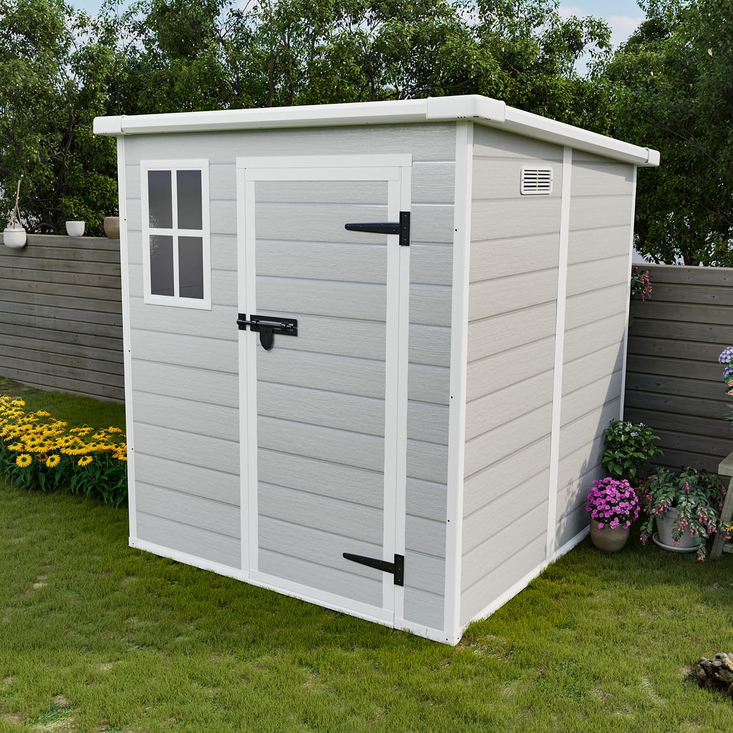 6x6 FT Resin Storage Shed, Waterproof Plastic Storage Shed with Floor & Window, All Weather Outside Tool Storage Cabinet with Lockable Doors and Vents for Bike, Garden, Backyard Lawn, Light Grey