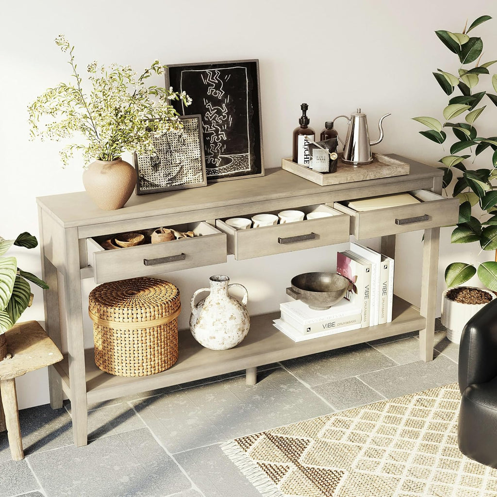 Merax Entryway Console Table with Storage, 3 Drawers Design/Wood Frame/Behind Couch & Sofa, Grey