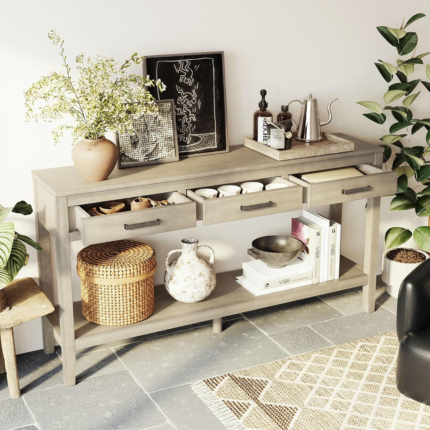 Merax Entryway Console Table with Storage, 3 Drawers Design/Wood Frame/Behind Couch & Sofa, Grey