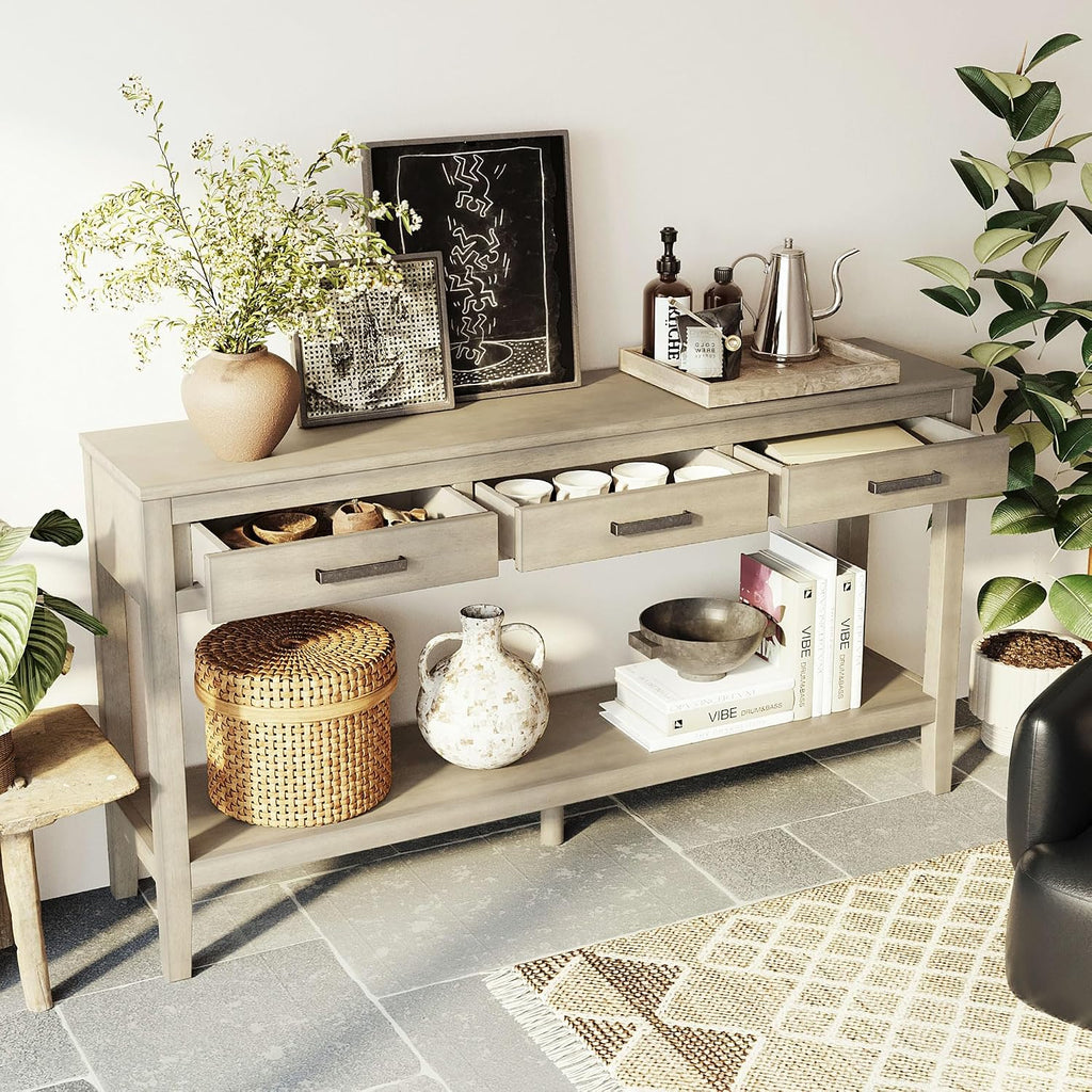 Merax Entryway Console Table, with 3 Storage Drawers, Bottom Shelf Design/Wood Frame/Behind Couch & Sofa, Grey