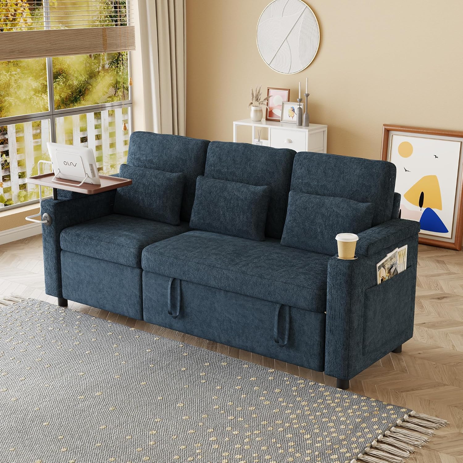 Oversized Modular Sectional Sofa with Reclining Chair, Queen Sleeper Sofa with Pull Out Couch Bed, Hide A Bed Couches Feature Cup Holder, Laptop Table and USB Port for Living Room, Apartment