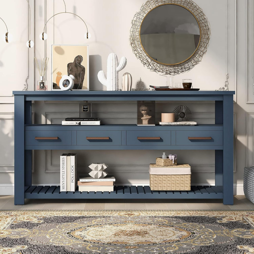LKTART Console Table for Entryway with 4 Drawers,61.5'' Long Sofa Table with 3-Tier Open Shelves,Entry Table for Hallway,Foyer,Living Room,Navy Blue