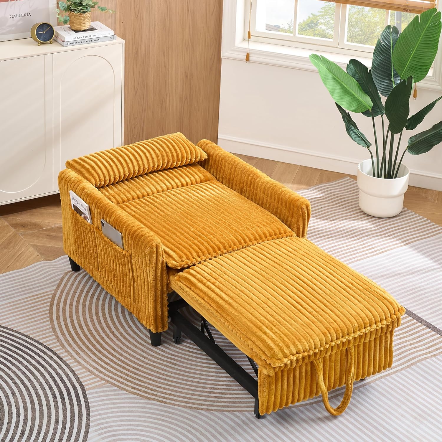 Majnesvon Modern Corduroy Fabric Sofa Bed Futon, 3 in 1 Convertible Pullout Bed Sleeper Couches with 3 Reclining Backrests, Small Sofa Chair Bed for Living Room Bedroom (Yellow)