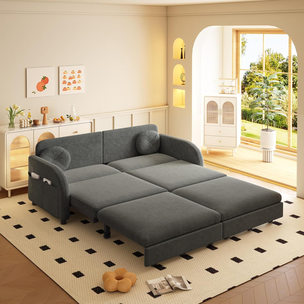 65.4'' Pull Out Couch Bed Queen Size, Chenille Sleeper Sofa Daybed, 3 in 1 Convertible Couches, Futon Sofa with 2 Pillows, Storage Pockets, USB, Loveseat for Small Spaces, Living Room, Grey