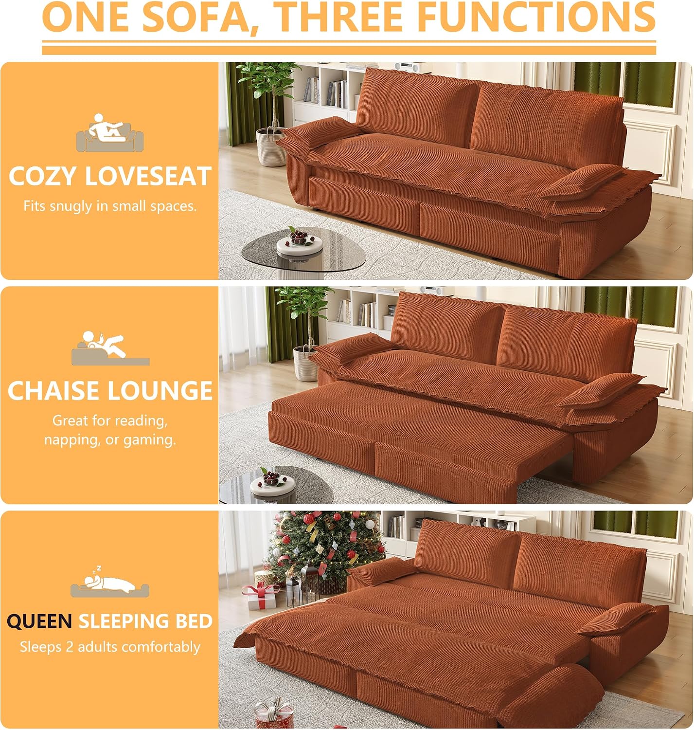 73.2' Sofa Bed Queen Size, Pull Out Couch Bed, 3-in-1 Convertible Sleeper Sofa with Cushion Armrest, Modern Corduroy Futon Couch for Living Room, Small Space, Apartment, Bedroom, Orange