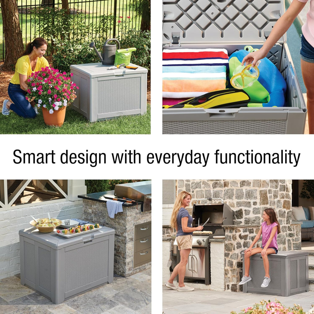 Rubbermaid Medium Resin Outdoor Storage Deck Box (74 Gal) Weather Resistant Gray Deck Organization for Home/Backyard/Pool Chemicals/Toys/Garden Tools/Porch/Patio Cushions