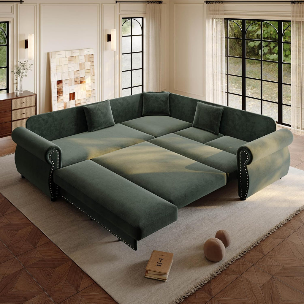 88.2' Pull Out Couch Bed King, L Shaped Convertible Sleeper Sofa, 4-Seater Couches with Rivet Armrests, 3 Pillows, Chenille Upholstery, Futon Sofa Bed for Living Room, Apartment, Office, Green