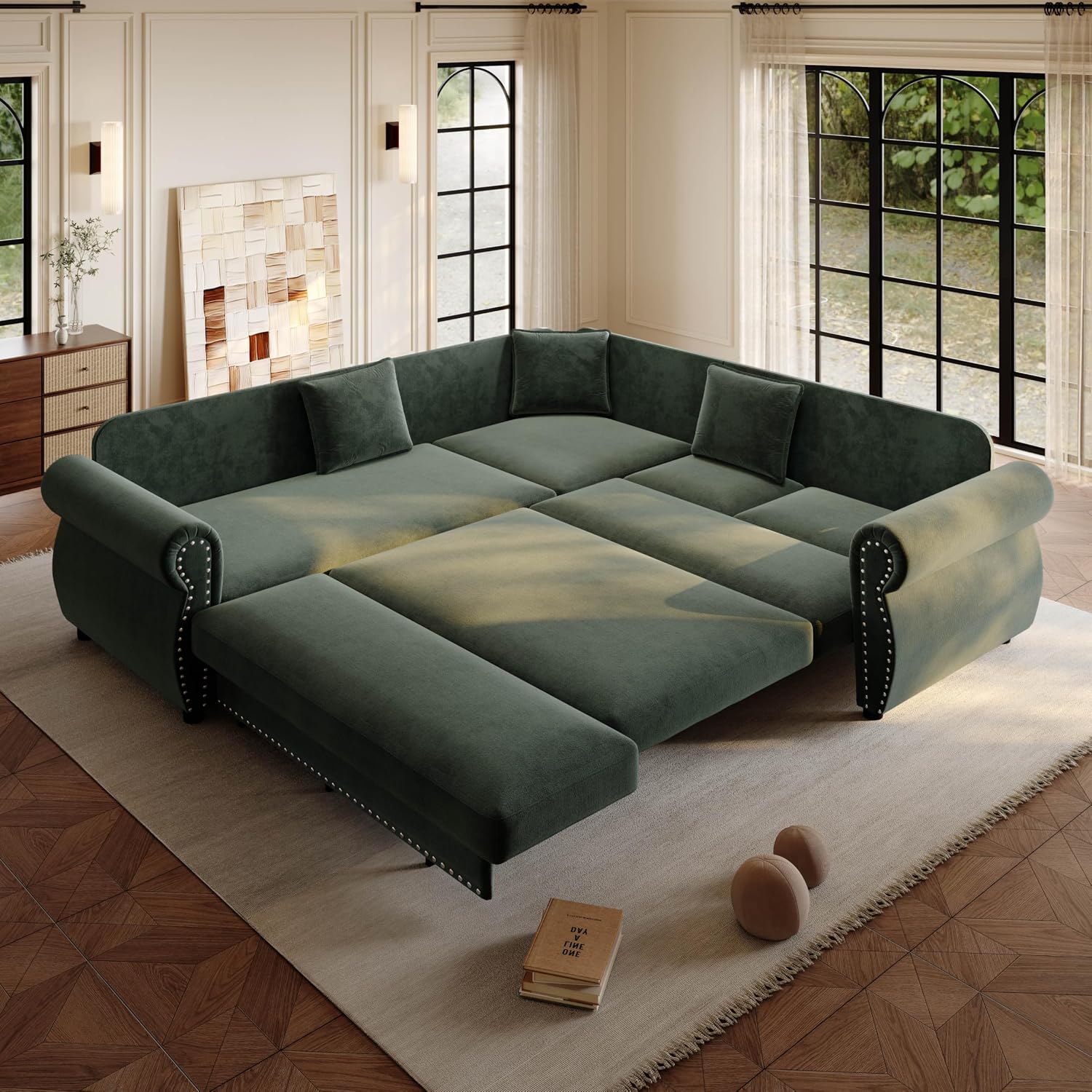 88.2' Pull Out Couch Bed King, L Shaped Convertible Sleeper Sofa, 4-Seater Couches with Rivet Armrests, 3 Pillows, Chenille Upholstery, Futon Sofa Bed for Living Room, Apartment, Office, Green
