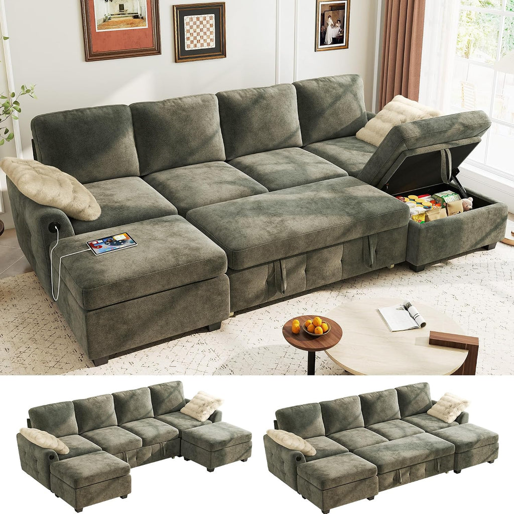 Ihanherry L-Shaped Sectional Sofa Bed, 6-Seater Convertible Pull Out Sleeper with Storage Ottoman, USB Charging Ports & Wide Armrests, Premium Chenille Fabric for Large Living Room, Apartment（Gray）