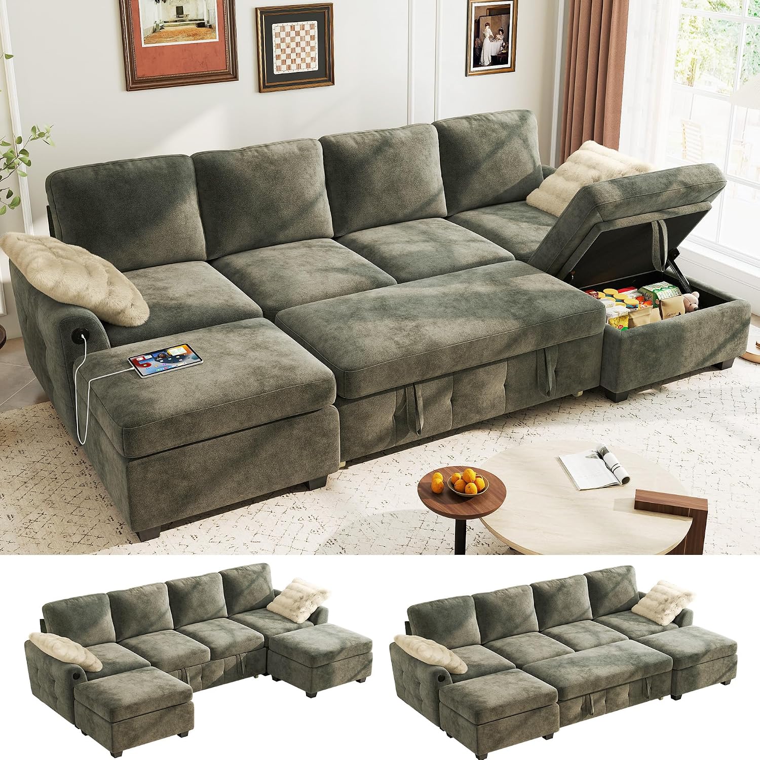 Ihanherry L-Shaped Sectional Sofa Bed, 6-Seater Convertible Pull Out Sleeper with Storage Ottoman, USB Charging Ports & Wide Armrests, Premium Chenille Fabric for Large Living Room, Apartment（Gray）