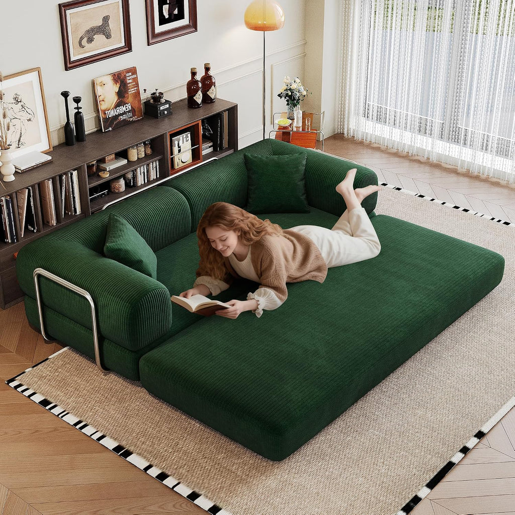 79' Convertible Sofa Bed, Corduroy Folding Pull Out Couch with Pillows, No Assembly Modern Boneless Couch Compression Sofa in Box, Floor Sofa with Support Rods for Living Room,Dark Green