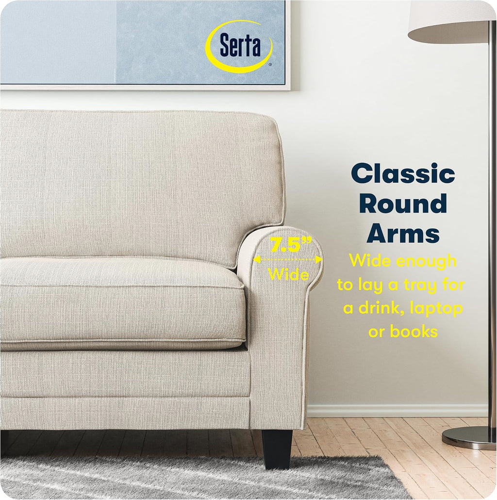 Serta Copenhagen 78' Rolled Arm Sofa, Easy Care Polyester, Soft Pillow Back, Pocket Coil Seat Cushions, Removable Covers, Loveseat or Couch for Small Spaces, Living Rooms or Bedrooms, Buckwheat Beige