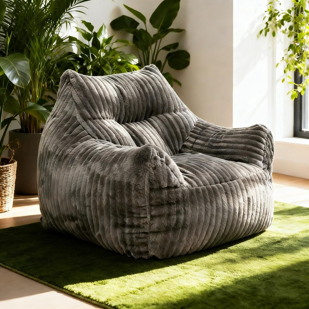 Bean Bag Chair for Adults with Armrests, Bean Bag Sofa with Back Support for Living Room, Bedroom, Dorm, Cozy Fluffy BeanBag Lazy Couch (Gray)