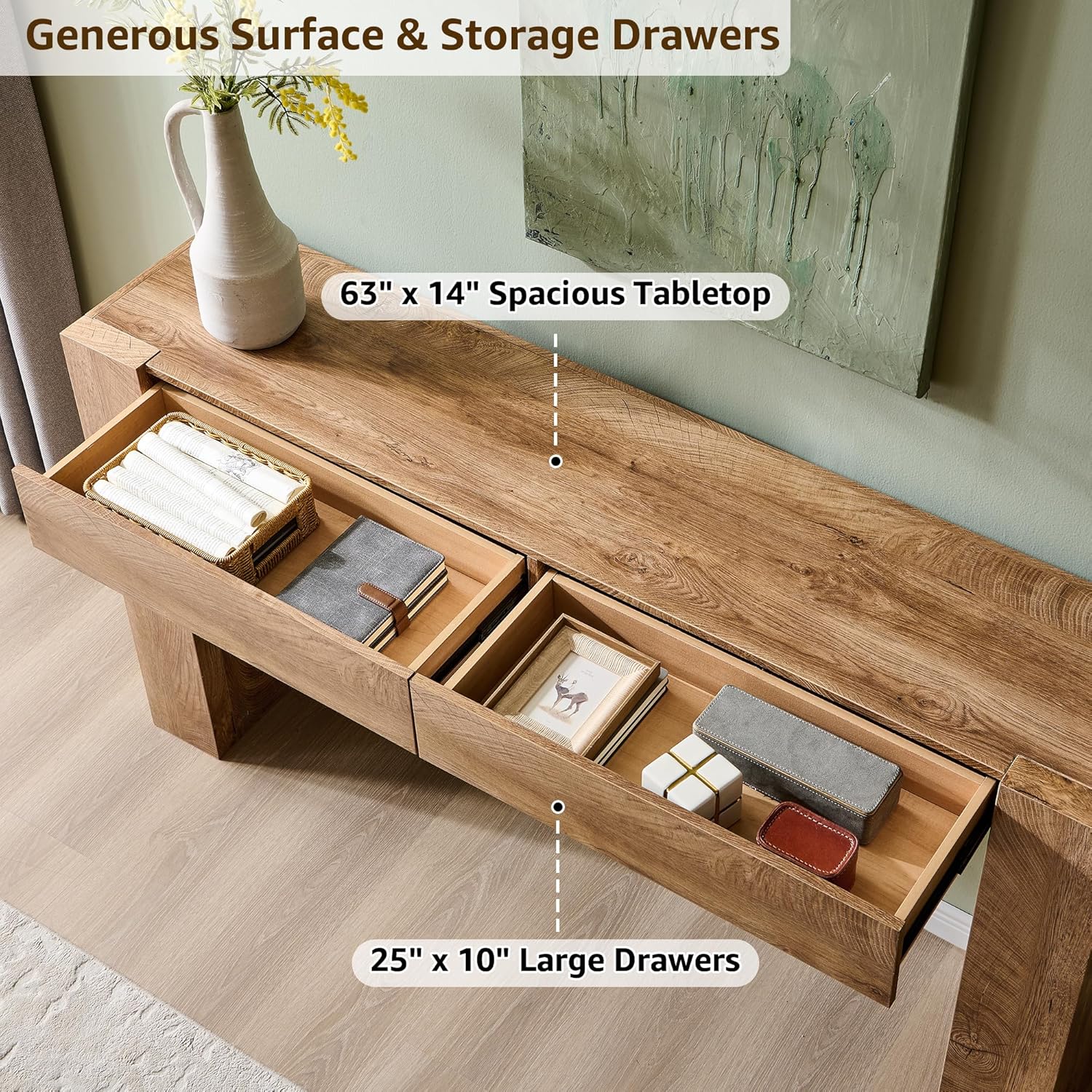 OKD Modern Entryway Console Table, Sofa Table with Drawers, 63' Long Hall Table Behind Couch, Thick Wood Design for Living Room, Hallway - Light Knotty Oak