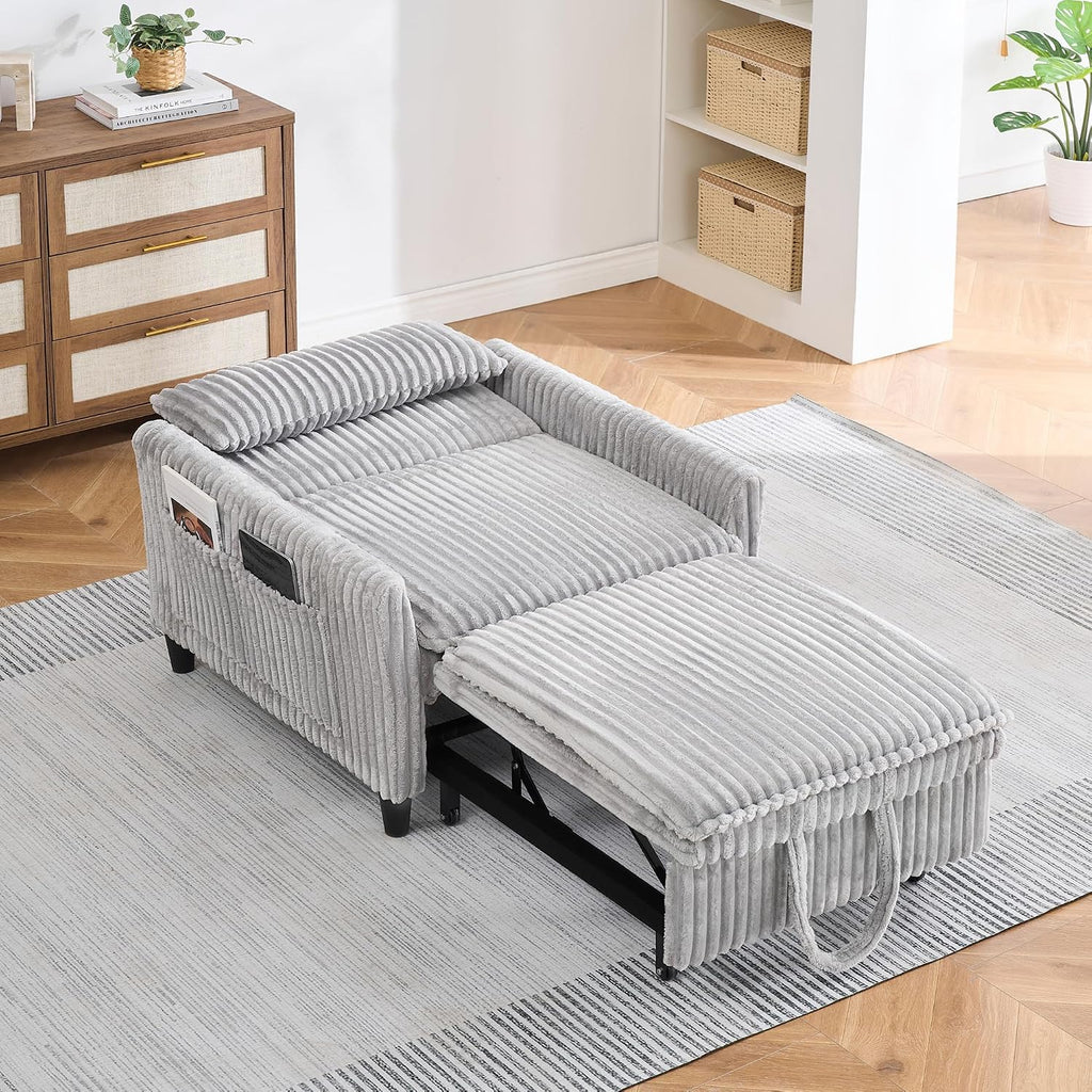 Majnesvon Modern Corduroy Fabric Sofa Bed Futon,3 in 1 Convertible Pullout Bed Sleeper Couches with 3 Reclining Backrests,Small Sofa Chair Bed for Living Room Bedroom (Light Grey)