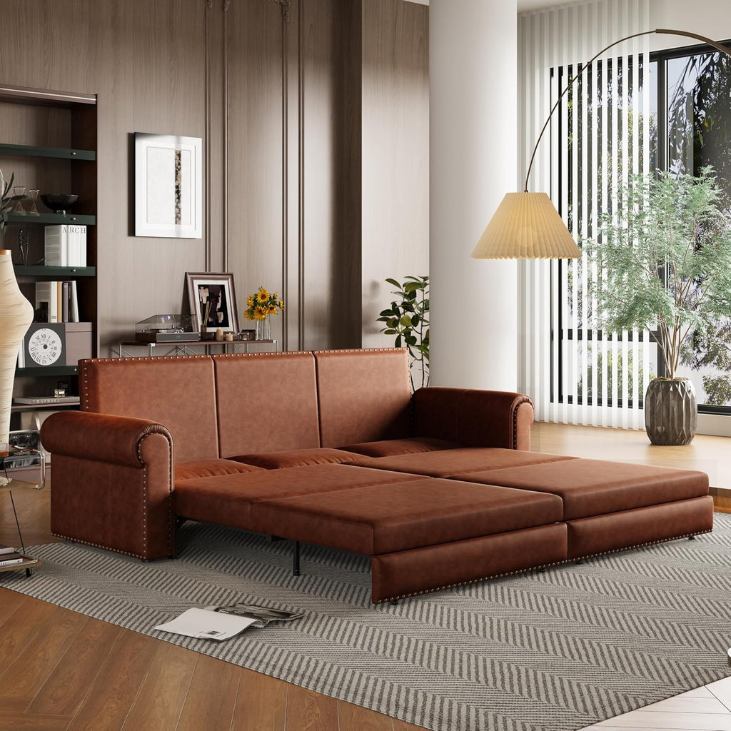 93.7' King Size Sofa Bed Couch,PU Leather 3-in-1 Convertible Pull Out Sleeper Sofa Bed,Chesterfield Sofa with Nailhead Trim and Rolled Arm,Light Brown