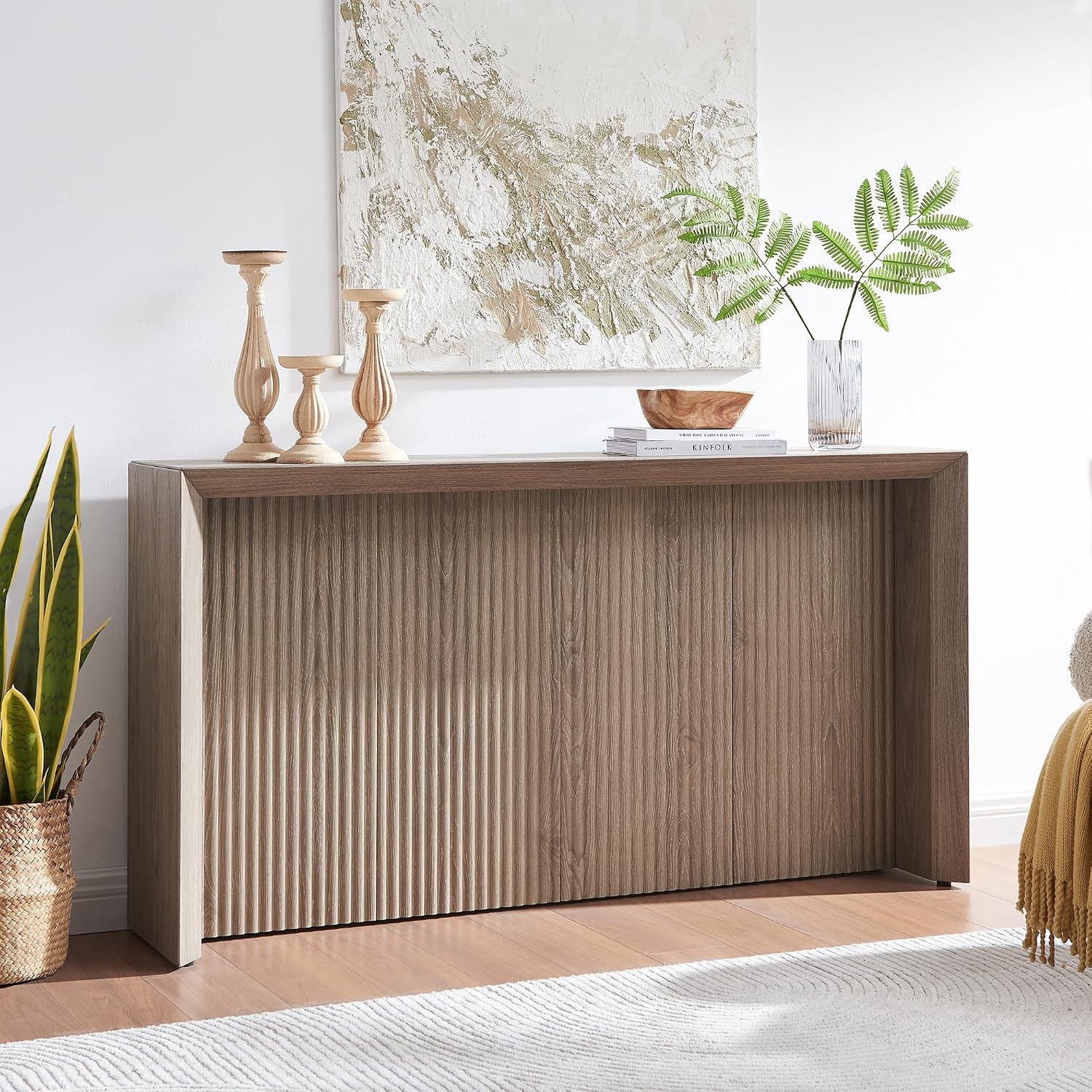 Henn&Hart 56' Fluted Wooden Rectangular Console Table Ribbed Entryway Table, Sofa Table for Entryway, Living Room, Couch, Hallway, or Office, Weathered Gray