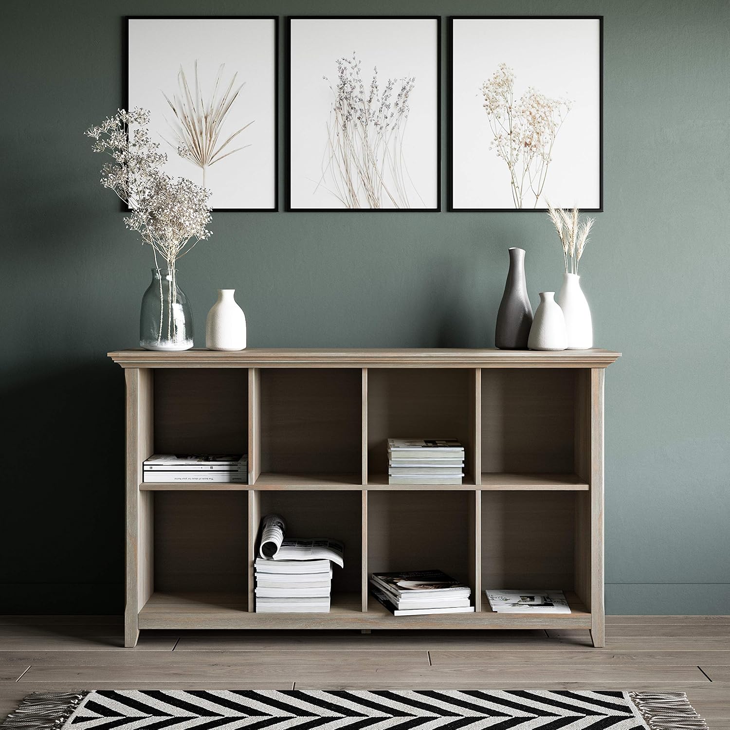 SIMPLIHOME Amherst Console Table - 57 inch Wide Solid Wood 8 Cube Storage Sofa Table in Distressed Grey, Transitional Table for Entryway or Living Room with Open Cubby Shelves and Tapered Legs
