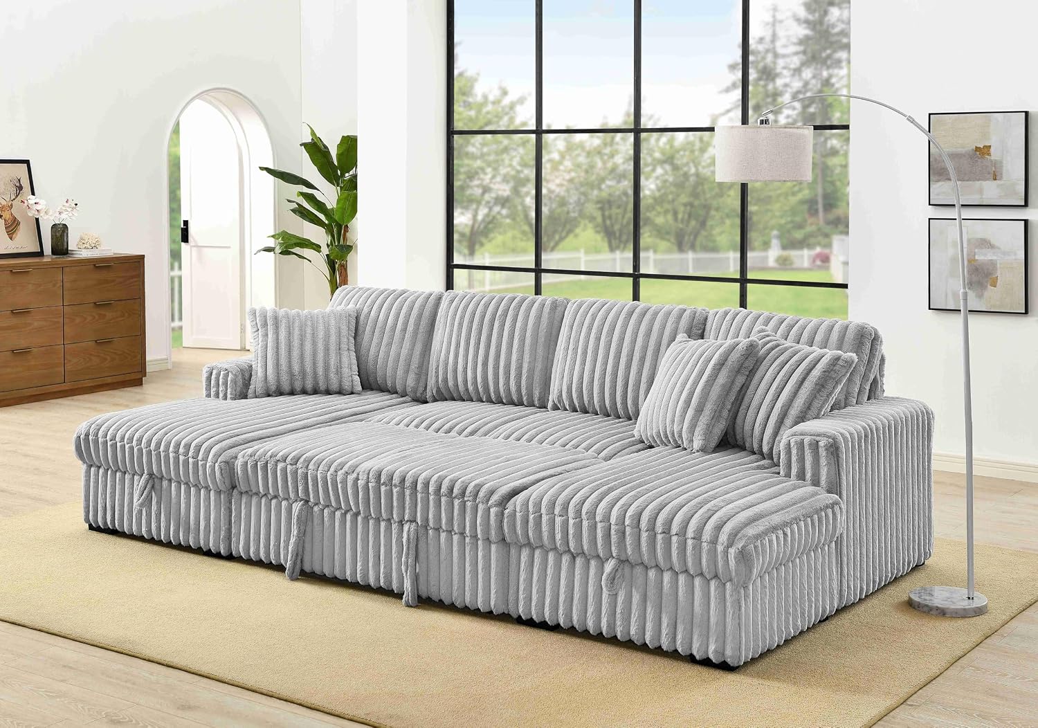 THSUPER 122'' Oversized U Shaped Plush Corduroy Fluffy Sectional Sleeper Sofa with Pull Out Bed and Double Storage Chaise for Living Room - Gray