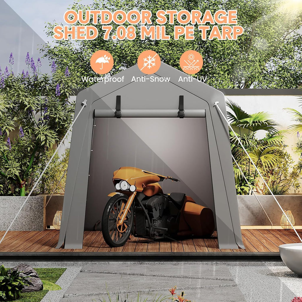 Portable Carport Storage Shed, 6' x 6' Motorcycle Tent, Waterproof & UV-Resistant with Roll-Up Zipper Doors, Gray Outdoor Shelter for Bikes, Tools & Equipment