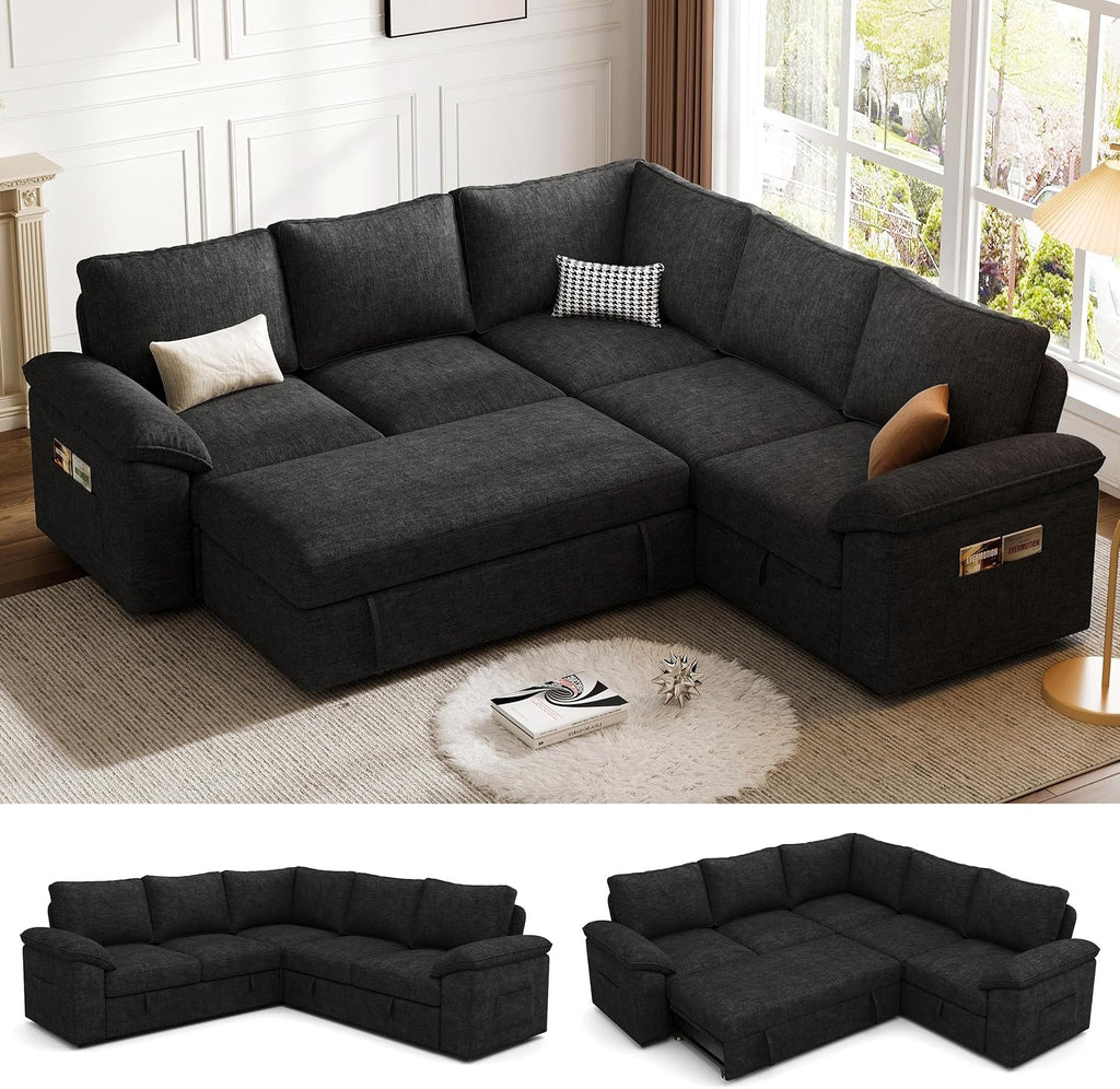 85 Inch Modular Sectional Sofa with Pull Out Bed, L Shaped 5 Seat Sectional Sleeper Sofa with Storage, Sectional Couches for Living Room, Cloud Modular Couch,Removable Sofa Cover, Black