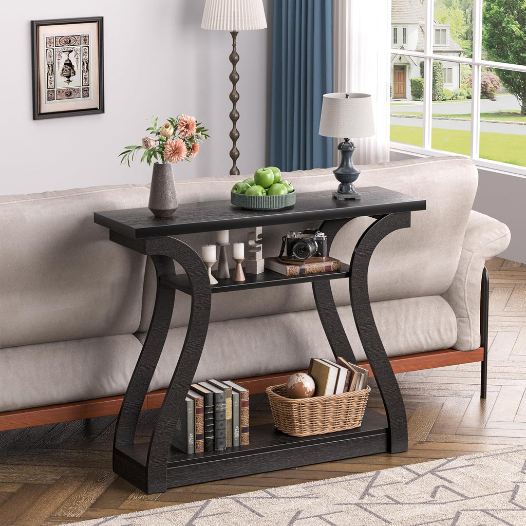 Wooden Console Table with Curved Legs and Shelf, 3-Tier Modern Accent Narrow Sofa Table for Entrance Area, Living Room, Hallway, 47 in Wide Wood Console Table for Entryway (Black)