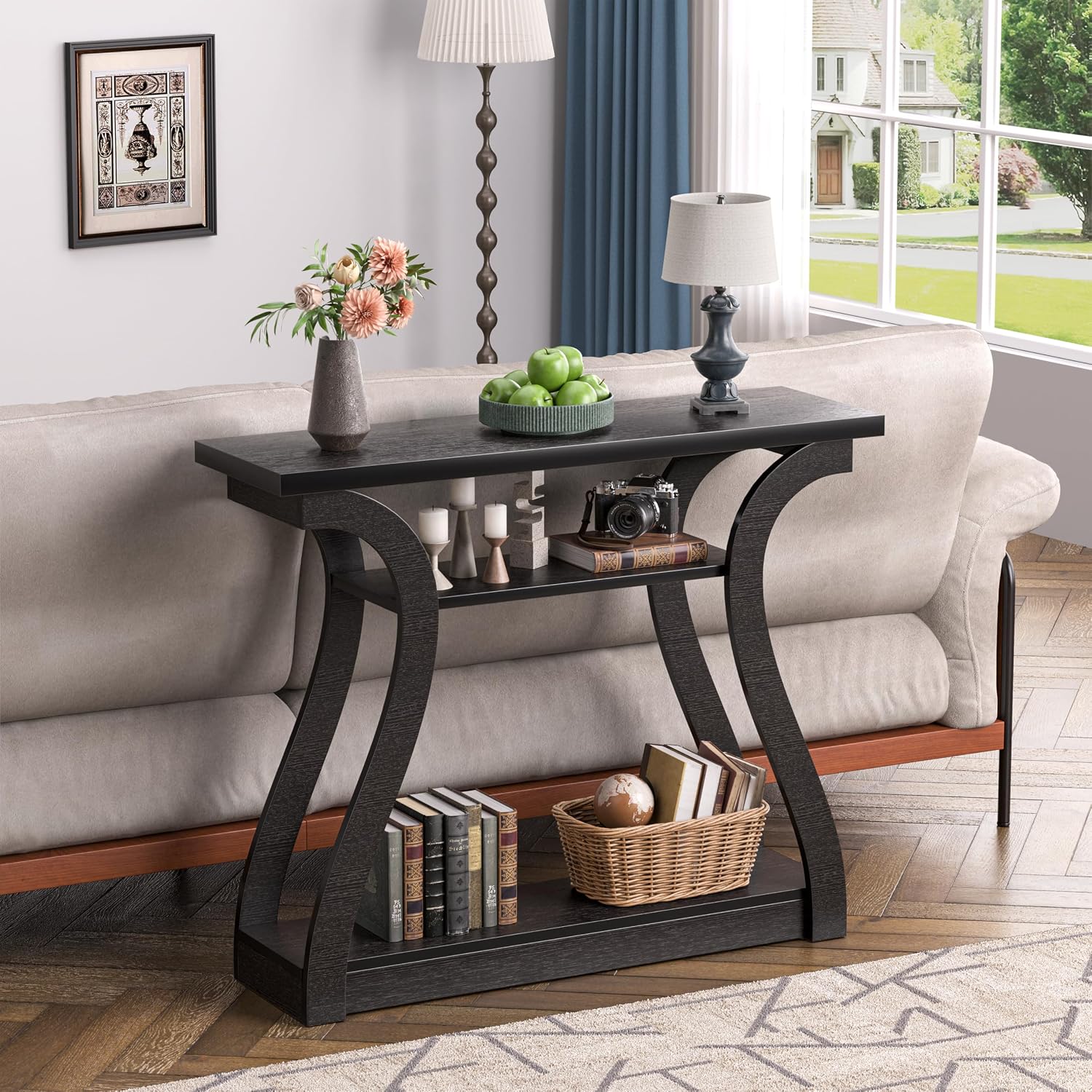 Wooden Console Table with Curved Legs and Shelf, 3-Tier Modern Accent Narrow Sofa Table for Entrance Area, Living Room, Hallway, 47 in Wide Wood Console Table for Entryway (Black)