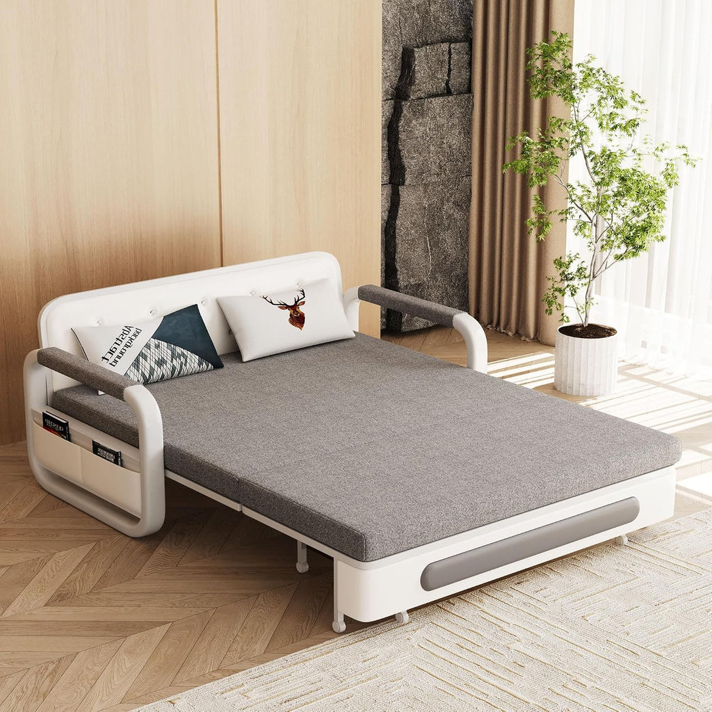 Pull-Out Sofa Daybed with Trundle - Versatile Futon Sleeper Couch for Living Room and Small Spaces (34.6'' D x 50.3'' W x 34.2'' H)- Gray/White Sofa Bed
