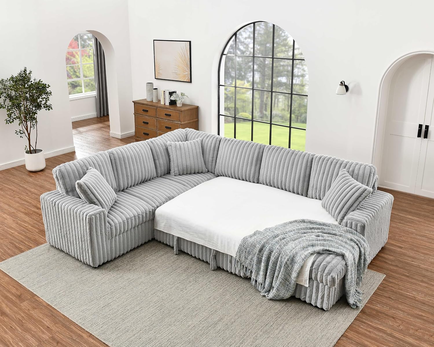 DEINPPA 122 Inch Sleeper Sofa Couch with Pullout Bed, Chunky Furry Corduroy Sectional Sofa with Storage Chaise and Charging Ports, Large Sectional Couches for Living Room-Grey