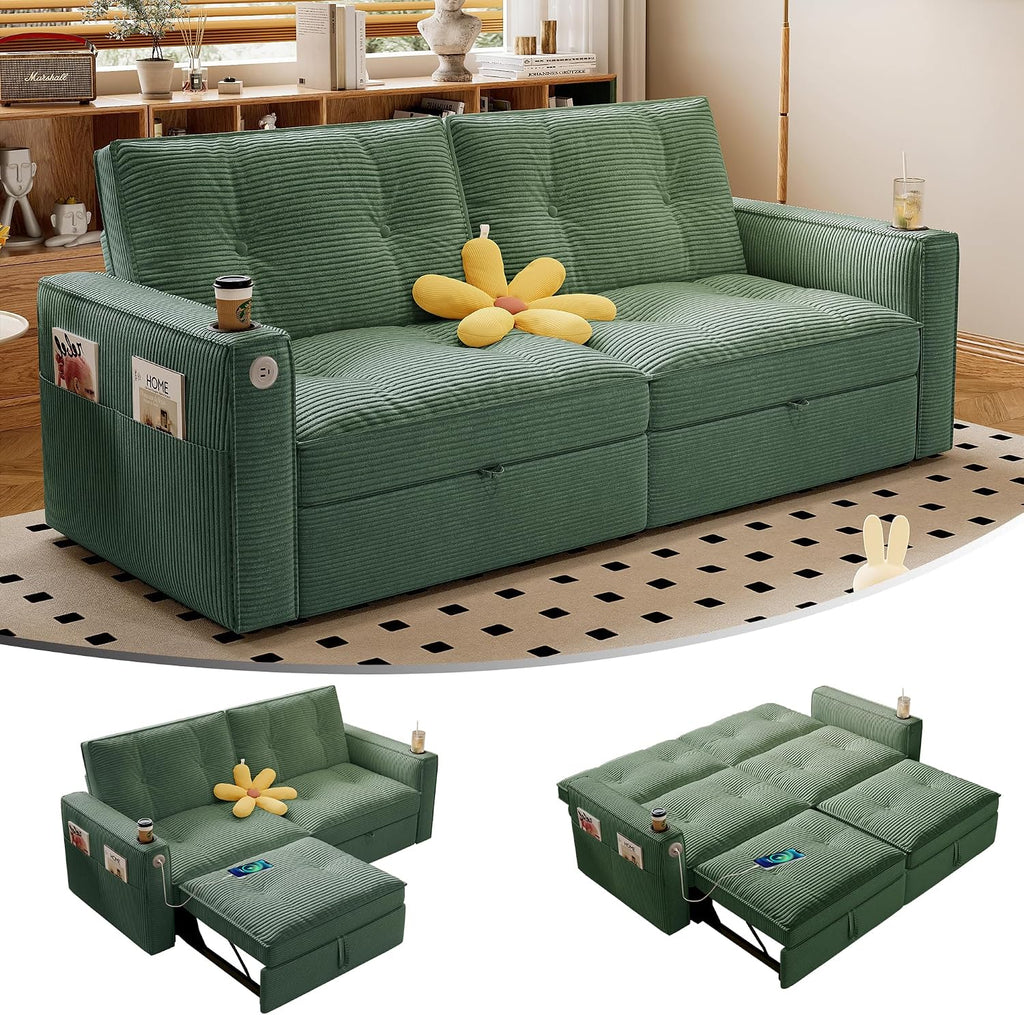 73' Queen Size Sofa Bed, Loveseat Sleeper Sofa with Pull Out Bed, Pockets and USB, Modern 2 Seater Convertible Small Couch for Living Room Bedroom Apartment (Green, Corduroy)
