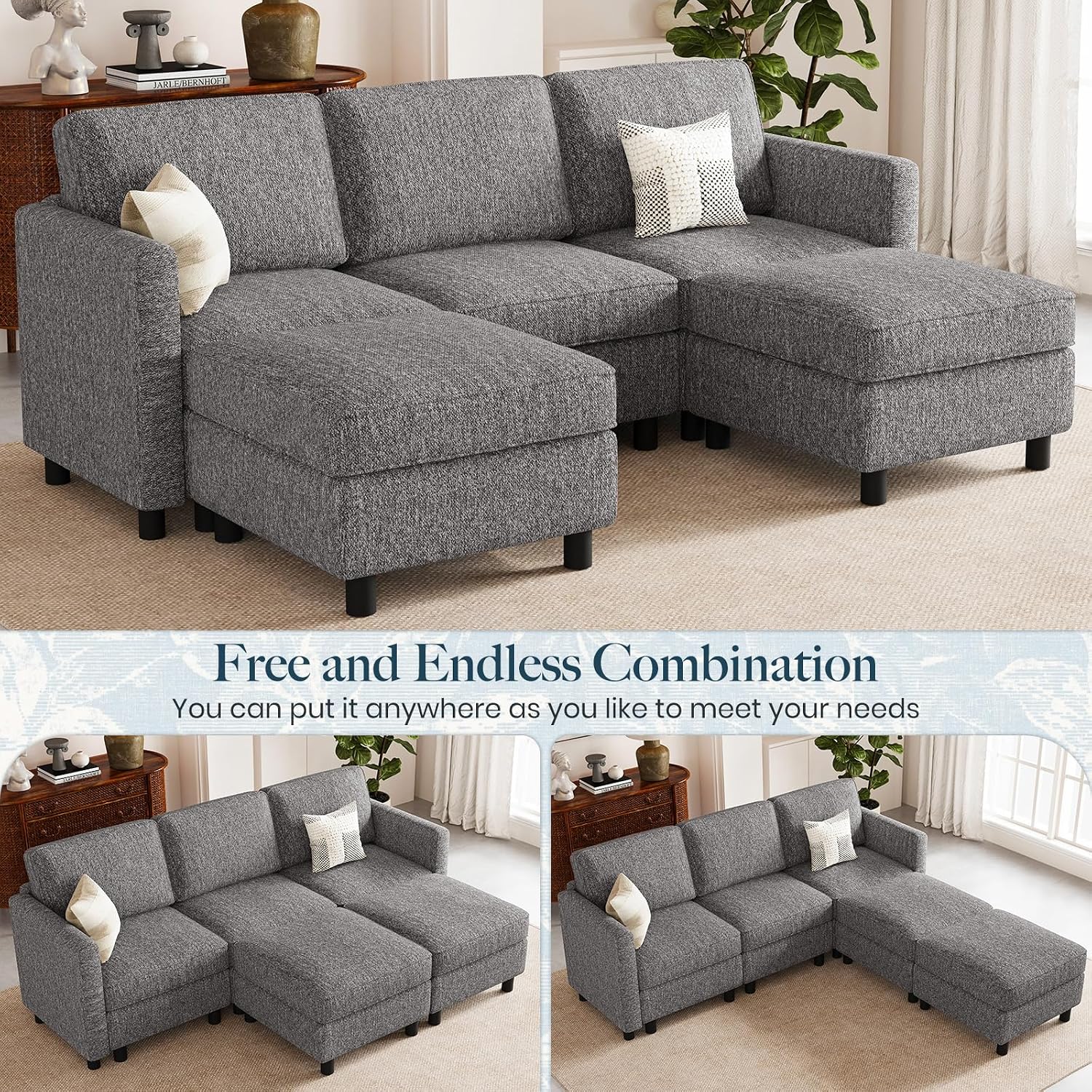 Belffin 84.3' 5 Seats U Shaped Couch Modular Sectional Sofa Washable Sectional Couches for Living Room Comfy Couches with Storage Seat Couch Sofas with Chaise,Grey