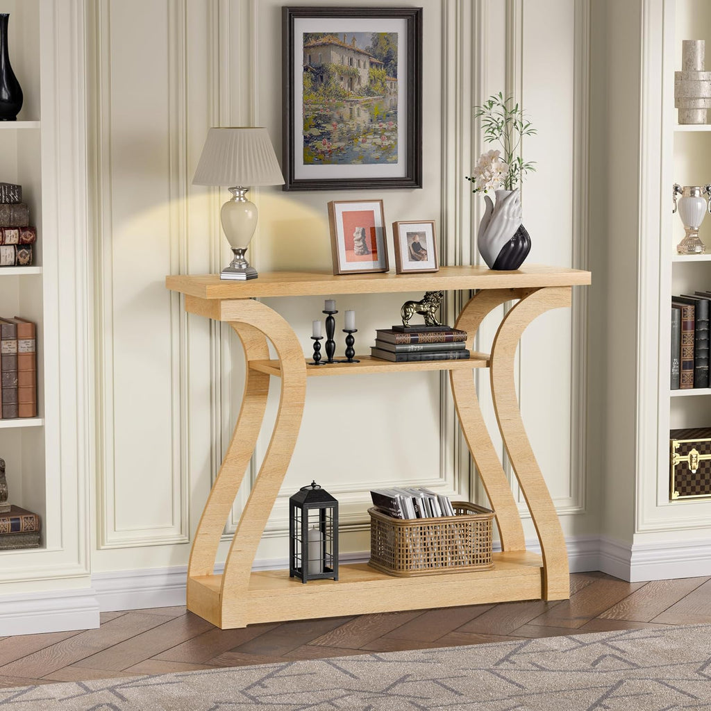 Wooden Console Table with Curved Legs and Shelf, 3-Tier Modern Accent Narrow Sofa Table for Entrance Area, Living Room, Hallway, 47 in Wide Wood Console Table for Entryway (Nature)