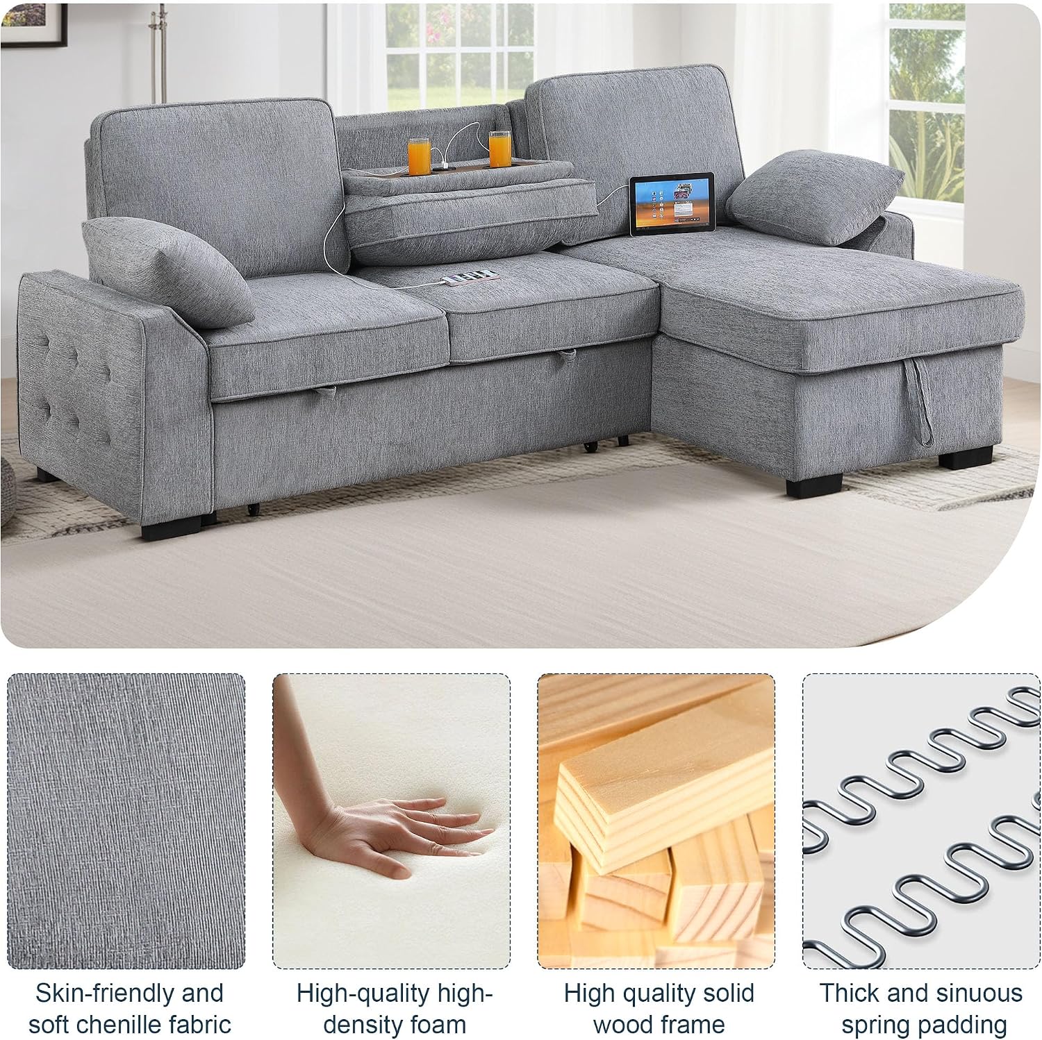 ERYE L-Shaped Pull Out Sleeper Couch Bed, Modern Chenille Upholstered Button Tufted Corner Couch Reversible Sectional Sleeper Sofa Bed W/Storage Chaise, Cup Holders