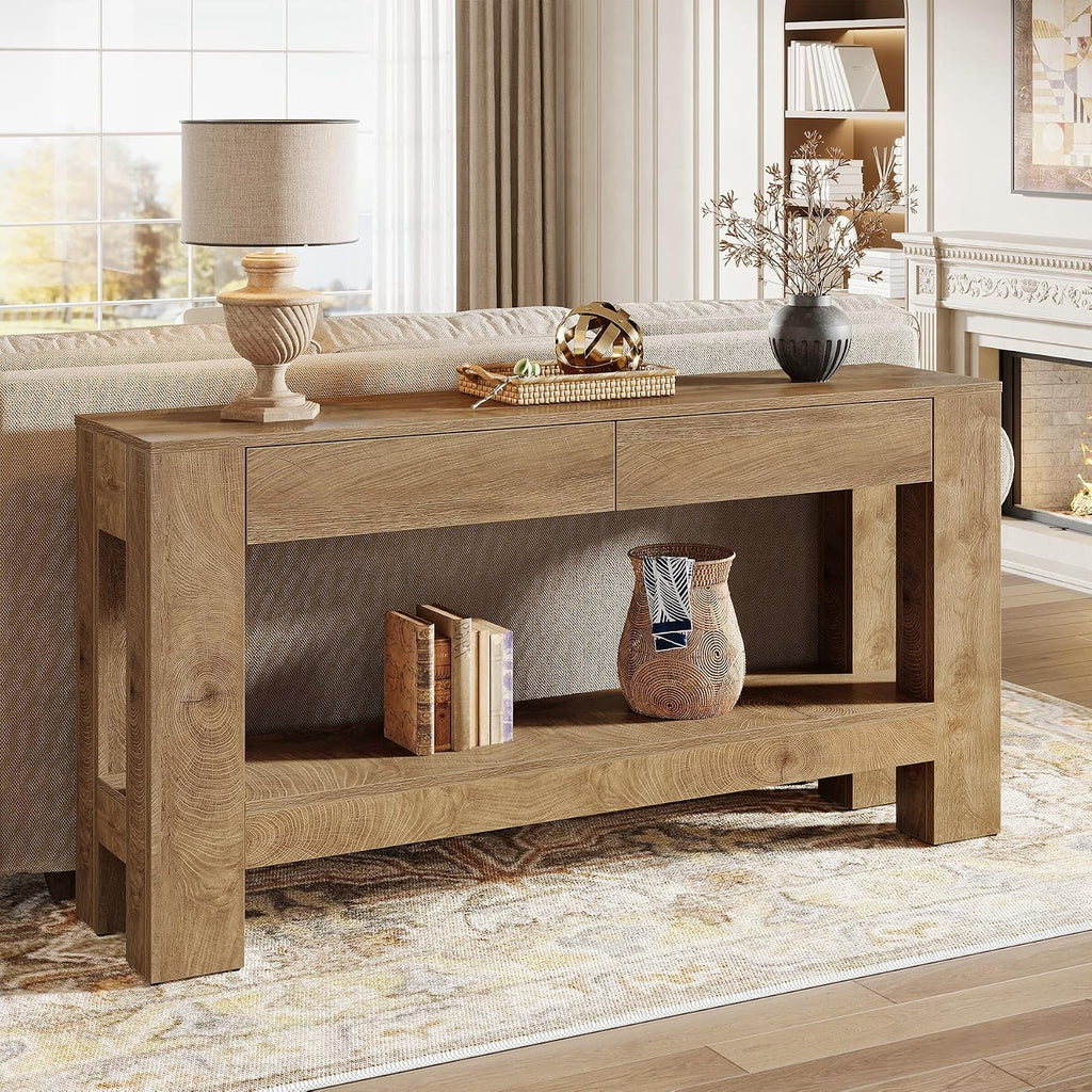 Tribesigns 63-Inch Console Table with 2 Drawers, 2-Tier Wooden Sofa Table Behind Couch, Farmhouse Entryway Console with Storage Shelf & Sturdy H-Shaped Legs for Living Room, Entrance, Hallway