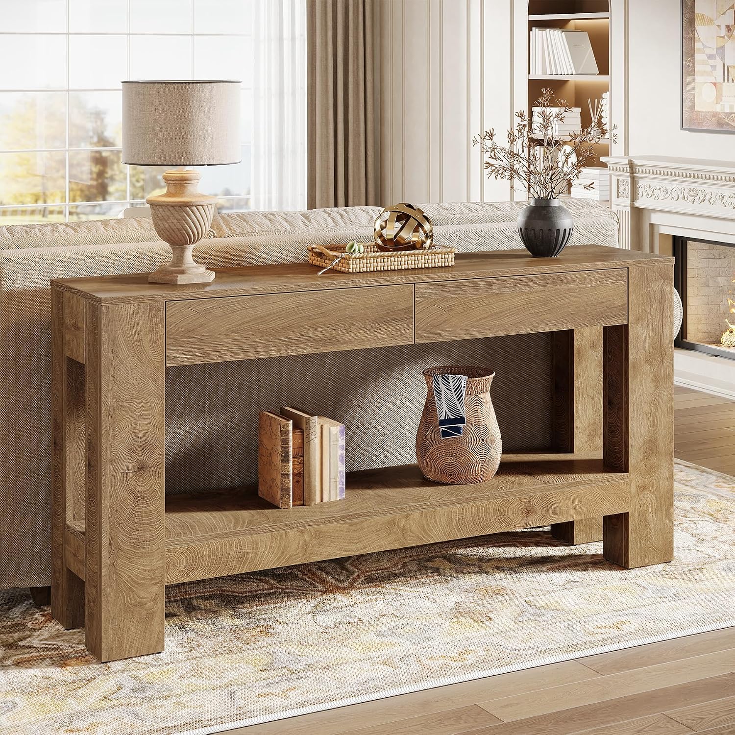 Tribesigns 63-Inch Console Table with 2 Drawers, 2-Tier Wooden Sofa Table Behind Couch, Farmhouse Entryway Console with Storage Shelf & Sturdy H-Shaped Legs for Living Room, Entrance, Hallway