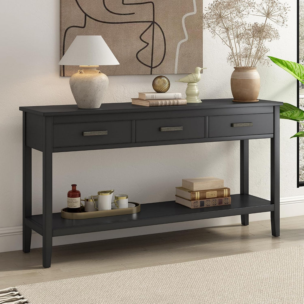 Merax Entryway Console Table with Storage, 3 Drawers Design/Wood Frame/Behind Couch & Sofa, Black