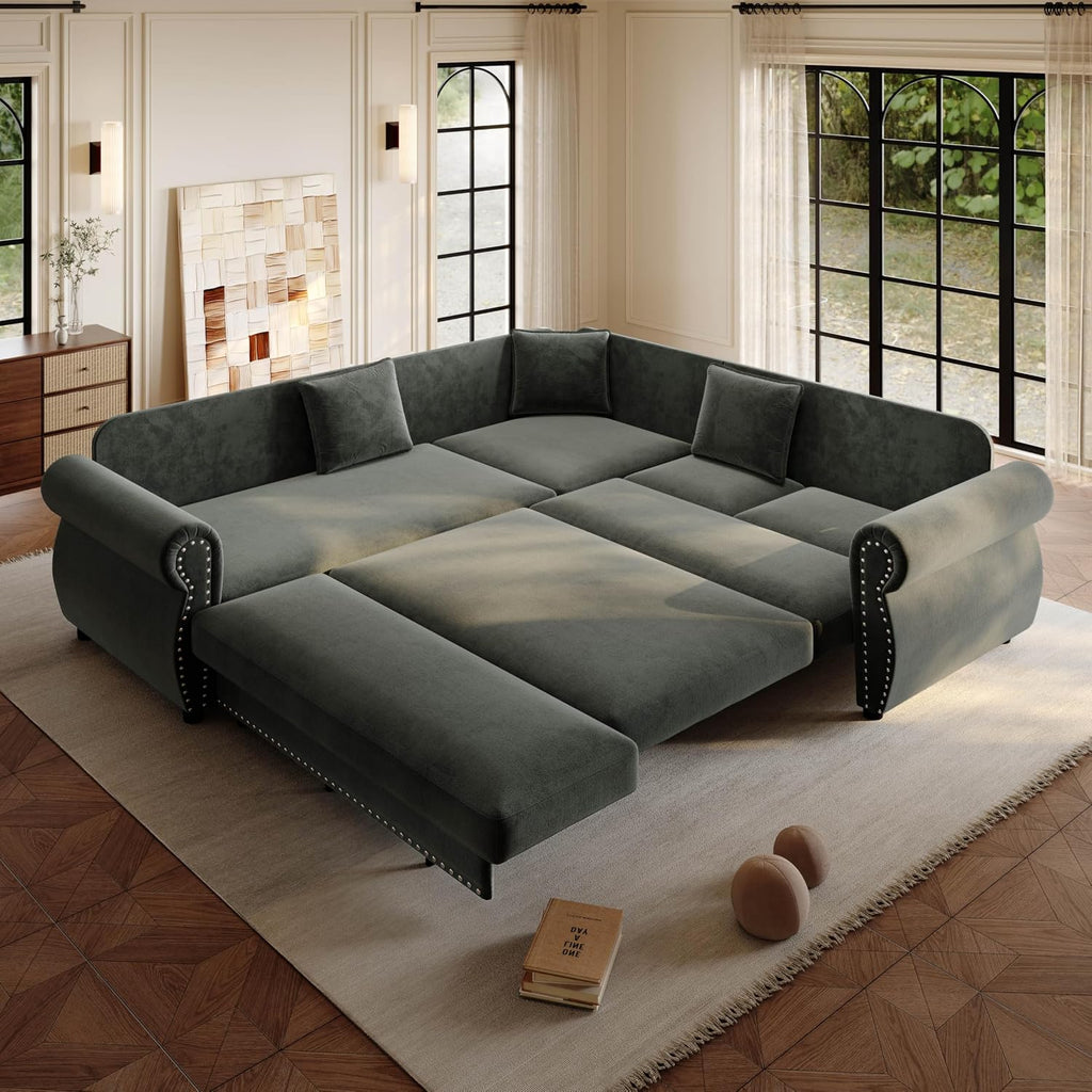 88.2'' Pull Out Couch Bed King, L Shaped Convertible Sleeper Sofa, 4-Seater Couches with Rivet Armrests, 3 Pillows, Chenille Upholstery, Futon Sofa Bed for Living Room, Apartment, Dark Grey