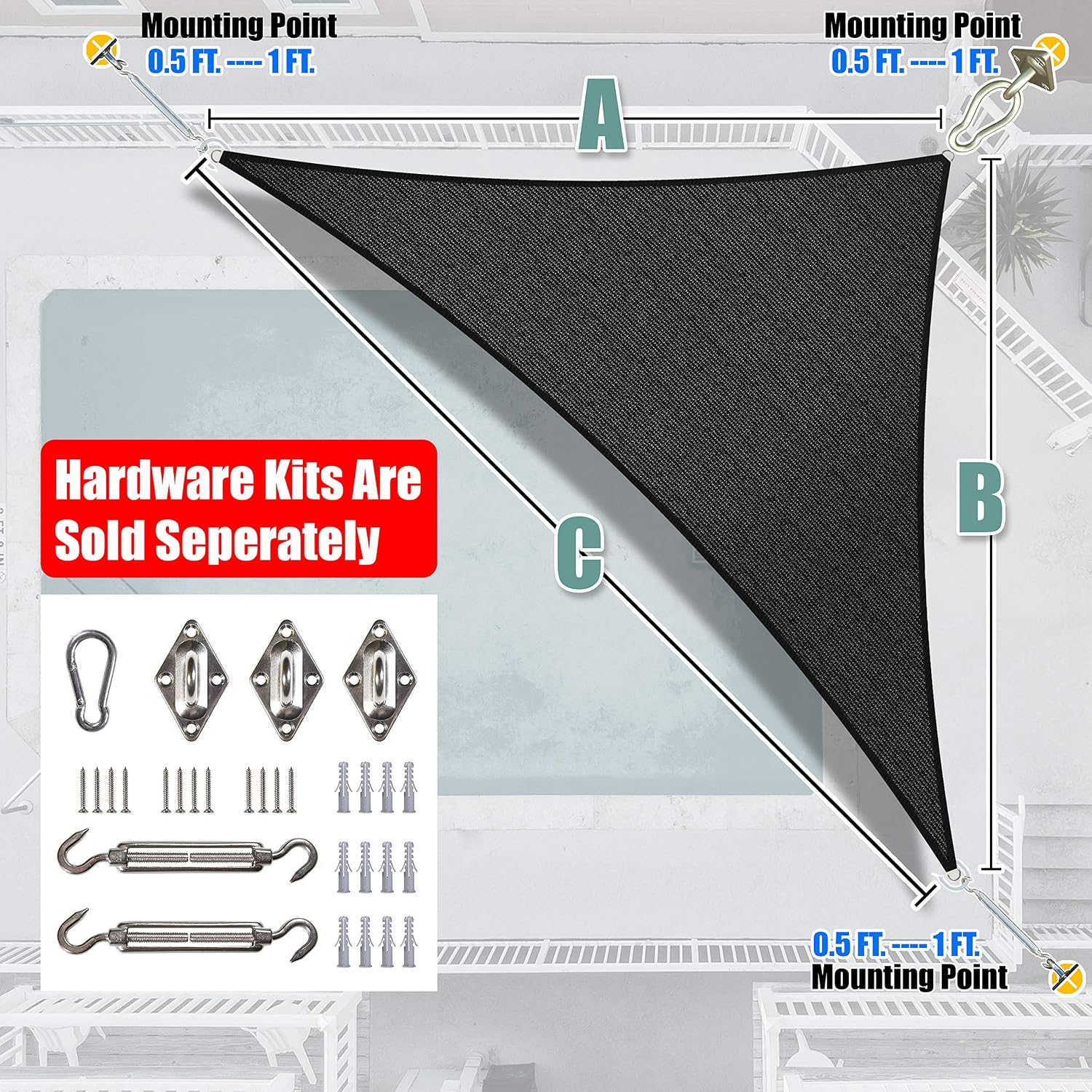 Amgo Custom Size 14' x 20' x 24.4' Black Triangle Sun Shade Sail UPF50+ AGTAPRT10, Order to Make Canopy Awning, 95% UV Blockage, Water & Air Permeable, Commercial Standard (We Customize)