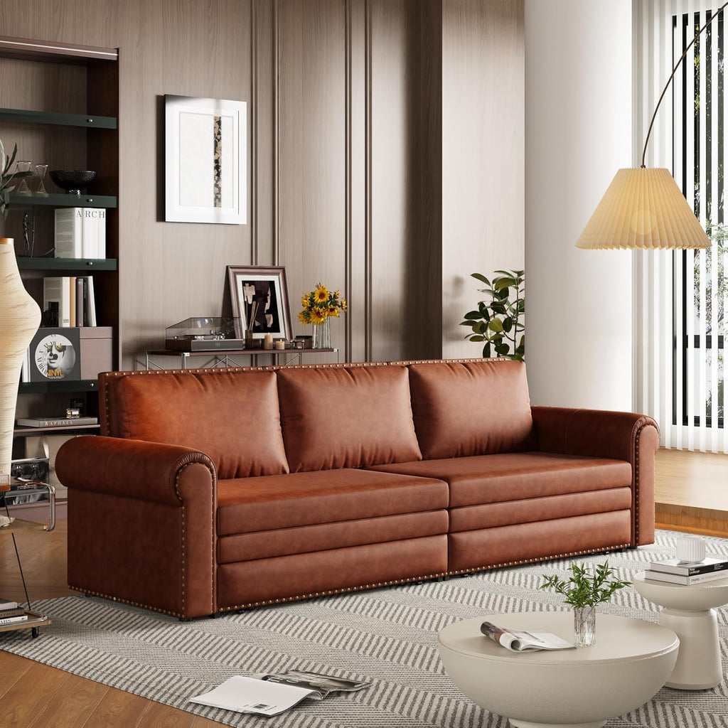 93.7' King Size Sofa Bed Couch,PU Leather 3-in-1 Convertible Pull Out Sleeper Sofa Bed,Chesterfield Sofa with Nailhead Trim and Rolled Arm,Light Brown