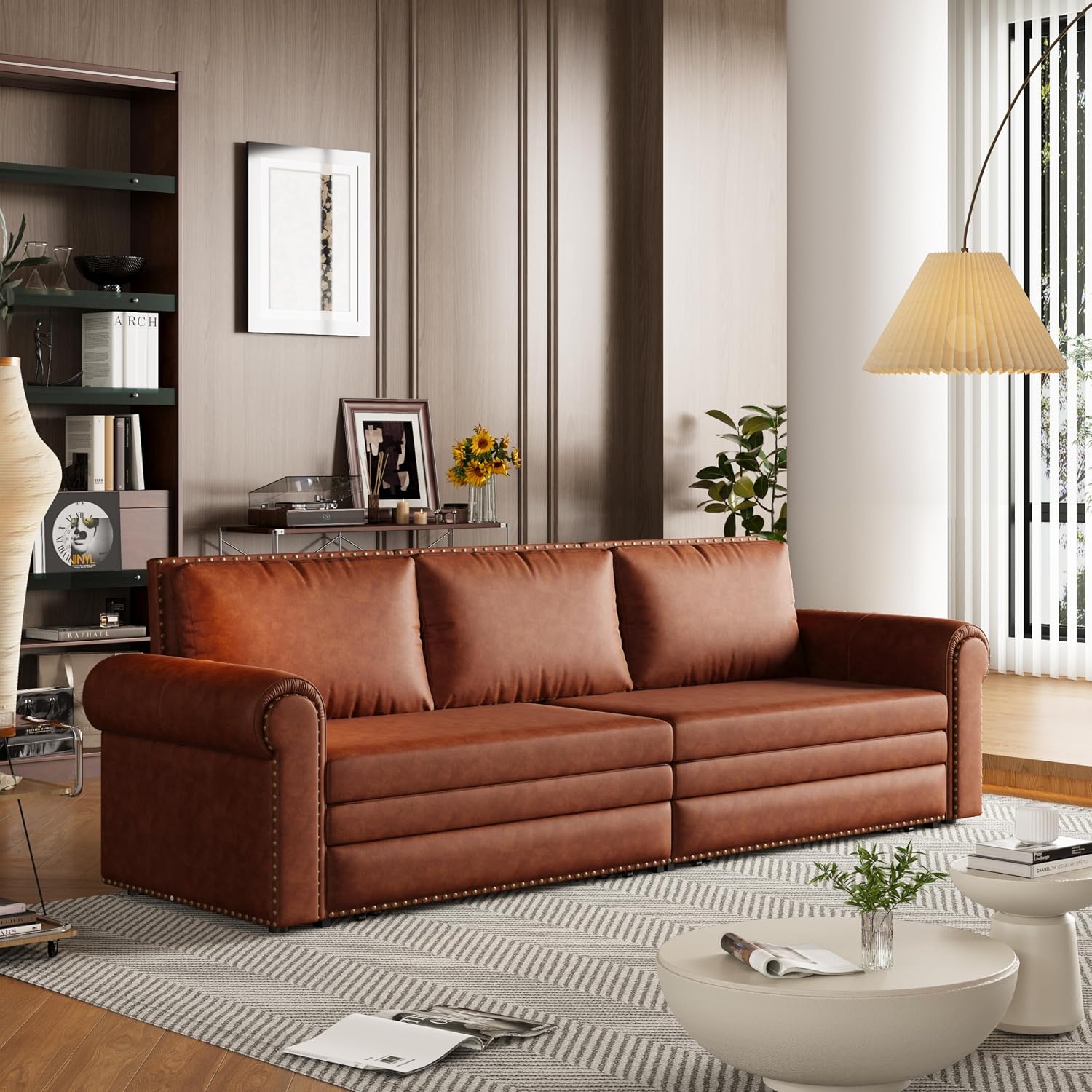 93.7' King Size Sofa Bed Couch,PU Leather 3-in-1 Convertible Pull Out Sleeper Sofa Bed,Chesterfield Sofa with Nailhead Trim and Rolled Arm,Light Brown