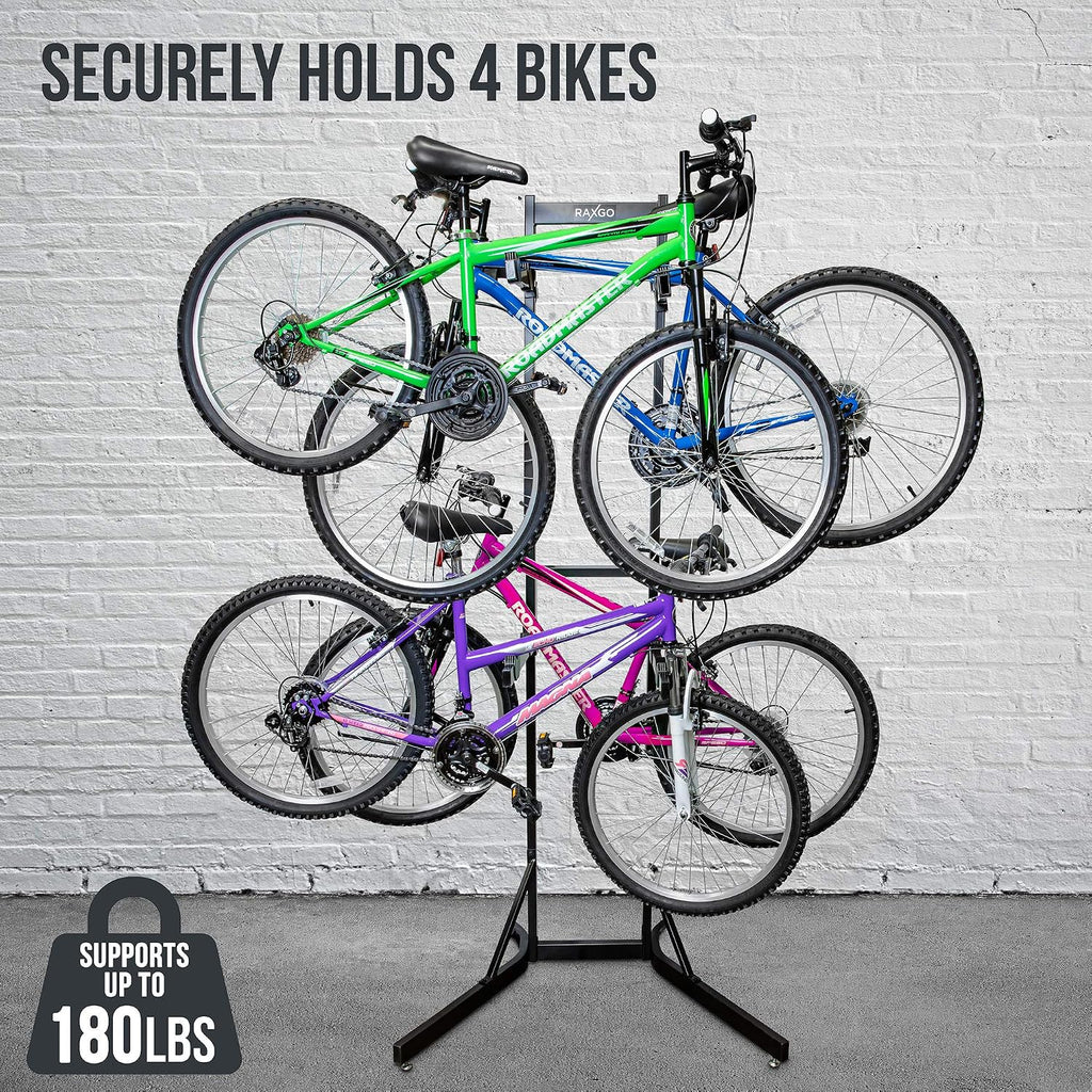 RaxGo Bike Garage Storage Rack, 4 Bicycle Garage Floor Stand, Adjustable, Freestanding, Adjustable Hooks, For Mountain & Road bicycles, Universal For Indoor Use