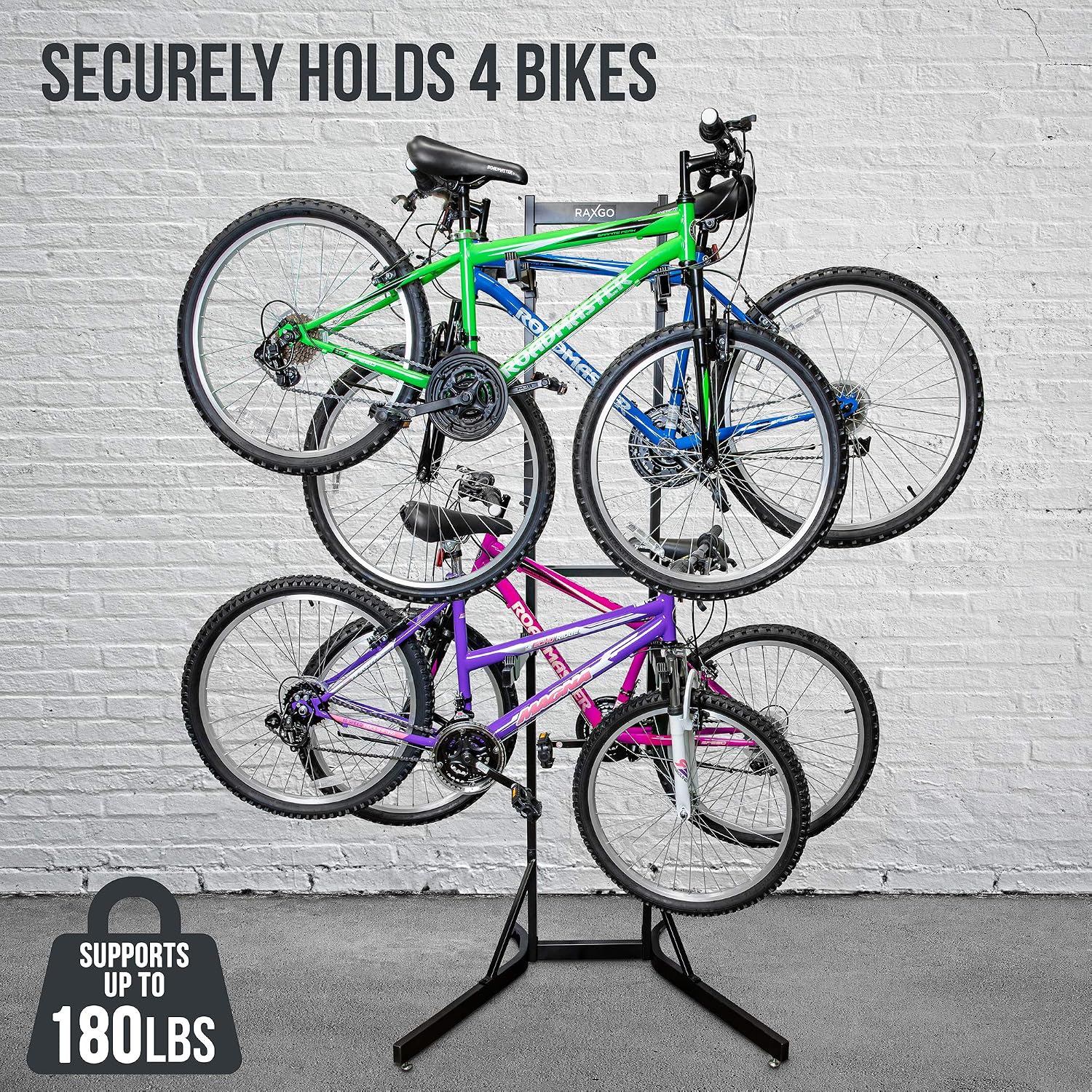 RaxGo Bike Garage Storage Rack, 4 Bicycle Garage Floor Stand, Adjustable, Freestanding, Adjustable Hooks, For Mountain & Road bicycles, Universal For Indoor Use