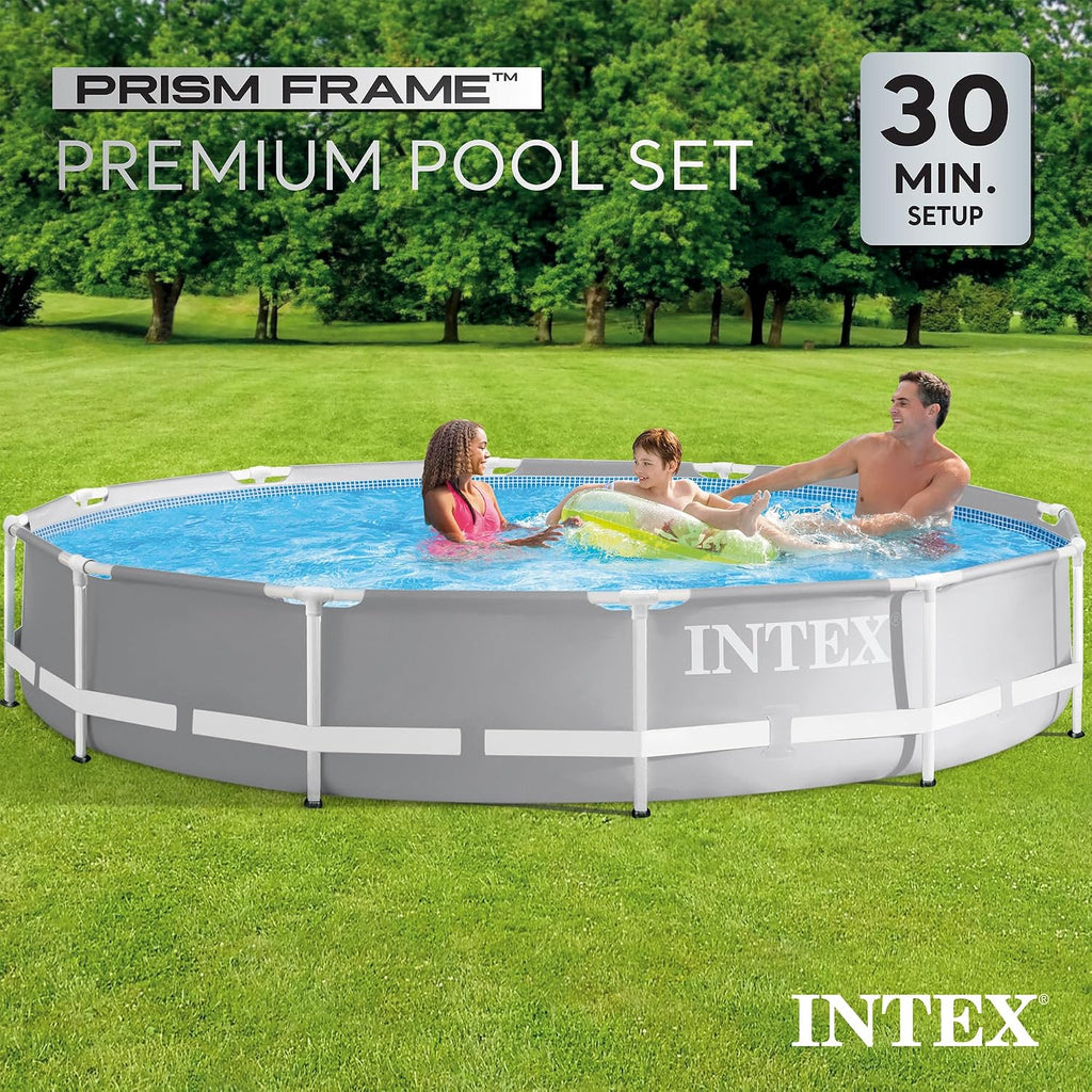 Intex Prism Frame 12 Foot x 30 Inch Round Above Ground Outdoor Swimming Pool Set for Backyards with 530 GPH Filter Pump and Steel Frame Pool Ladder