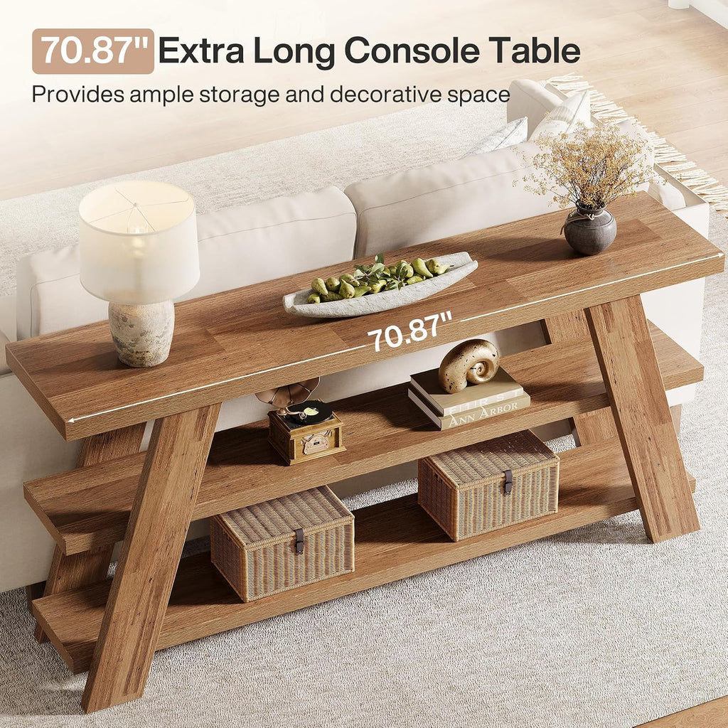 Tribesigns 70.9' Extra Long Console Table with Storage, 3-Tier Narrow Wooden Sofa Table Behind The Couch, Farmhouse Entry Foyer Table for Entryway, Living Room, Hallway, Brown