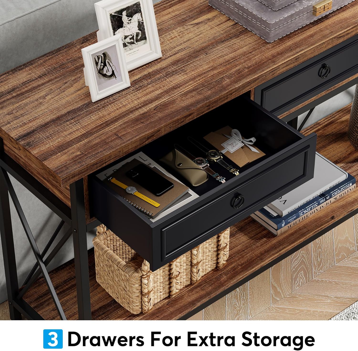 Tribesigns 70.8' Console Table with 3 Drawers, Farmhouse Entryway Table with Storage Shelf, Narrow Long Sofa Foyer Table for Entryway, Hallway (Brown/Black)