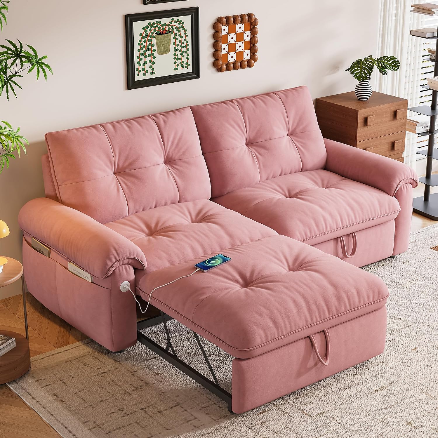 77' Queen Size Sofa Bed, Loveseat Sleeper Sofa with Pull Out Bed, Pockets and USB, Modern 2 Seater Convertible Small Couch for Living Room Bedroom Apartment, Pink