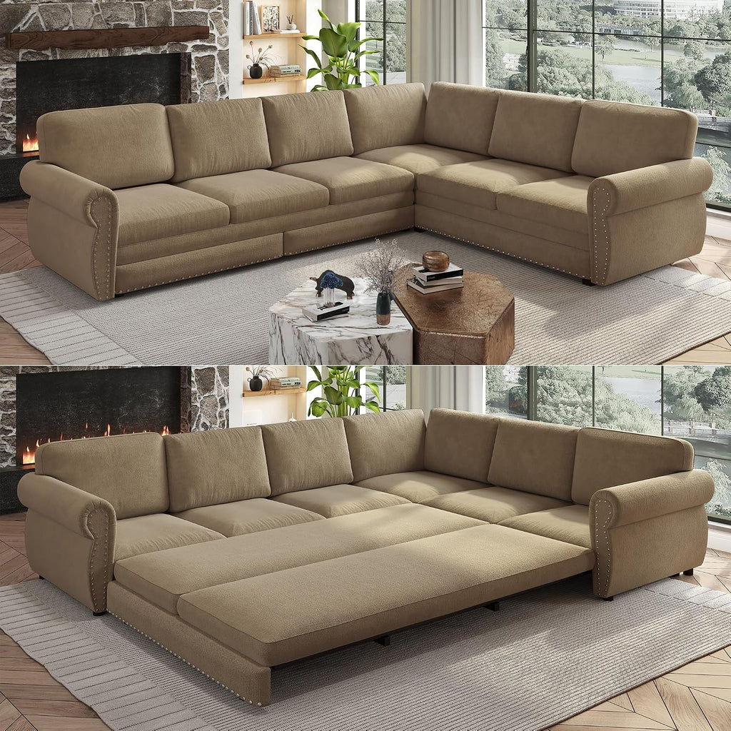 118'' Sleeper Sofa Bed, Convertible Pull Out Couch, Upholstered Sectional Sofa, Chenille L-Shaped Couch with Nailhead Trim, Modern Sectional Couches for Living Room, Apartment, Camel
